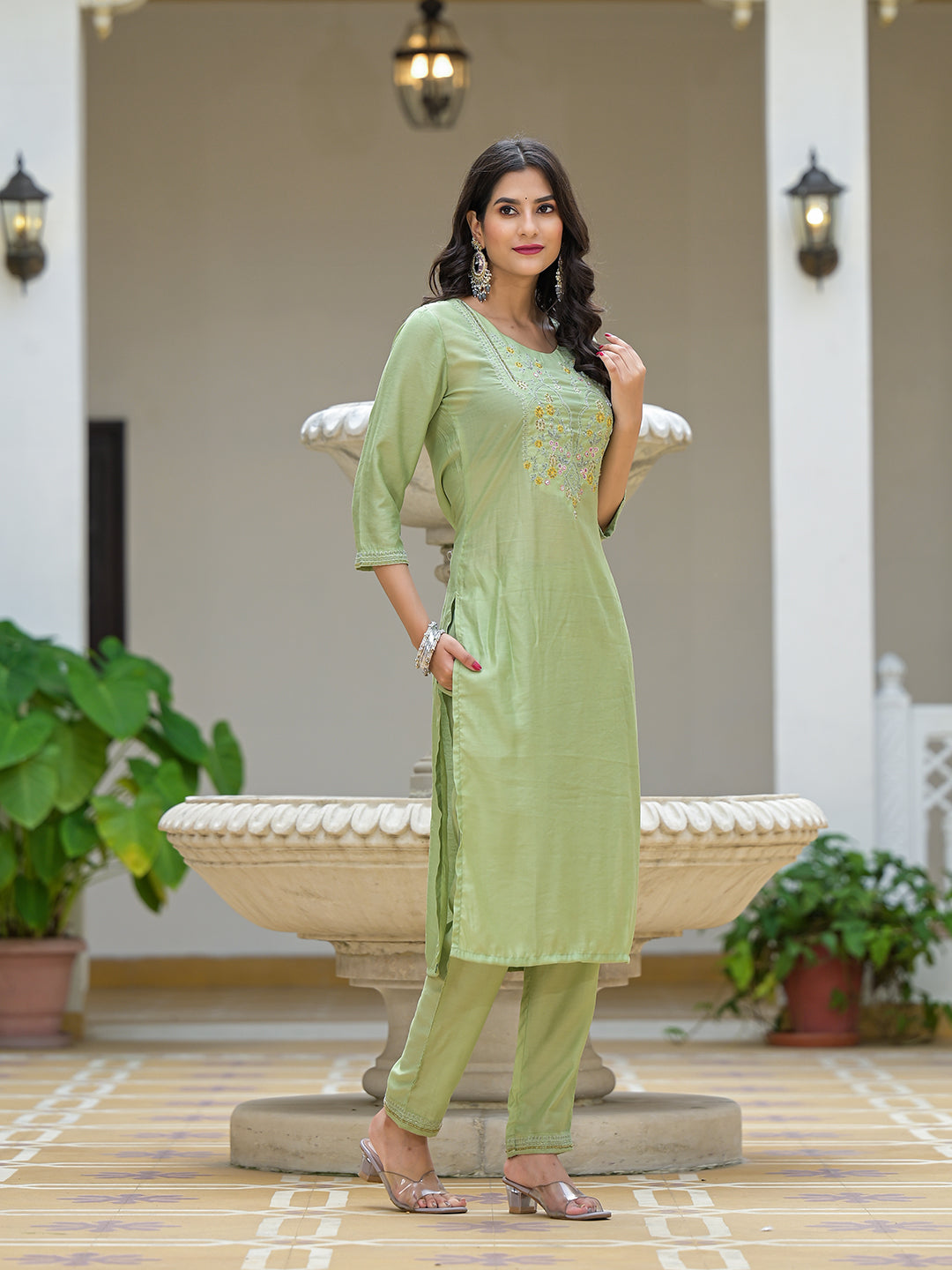 Mint Green Kurta Set with Yellow leheriya Dupatta