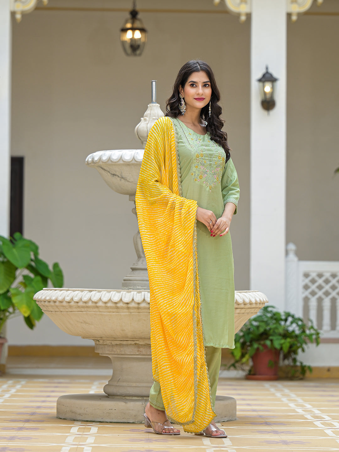 Mint Green Kurta Set with Yellow leheriya Dupatta