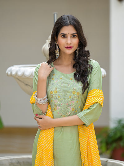 Mint Green Kurta Set with Yellow leheriya Dupatta