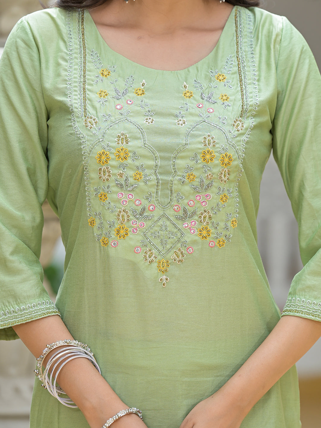 Mint Green Kurta Set with Yellow leheriya Dupatta