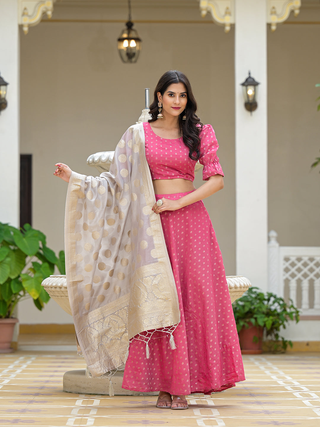 Pink Chanderi Lehenga Choli with Jacquard Dupatta