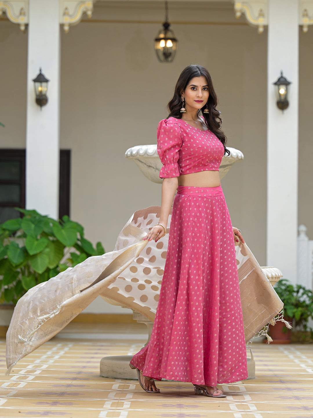 Pink Chanderi Lehenga Choli with Jacquard Dupatta