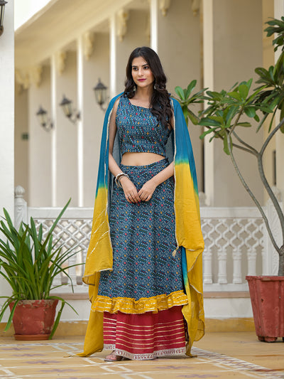 Indigo Lehenga Choli with Multicolor Ruffles