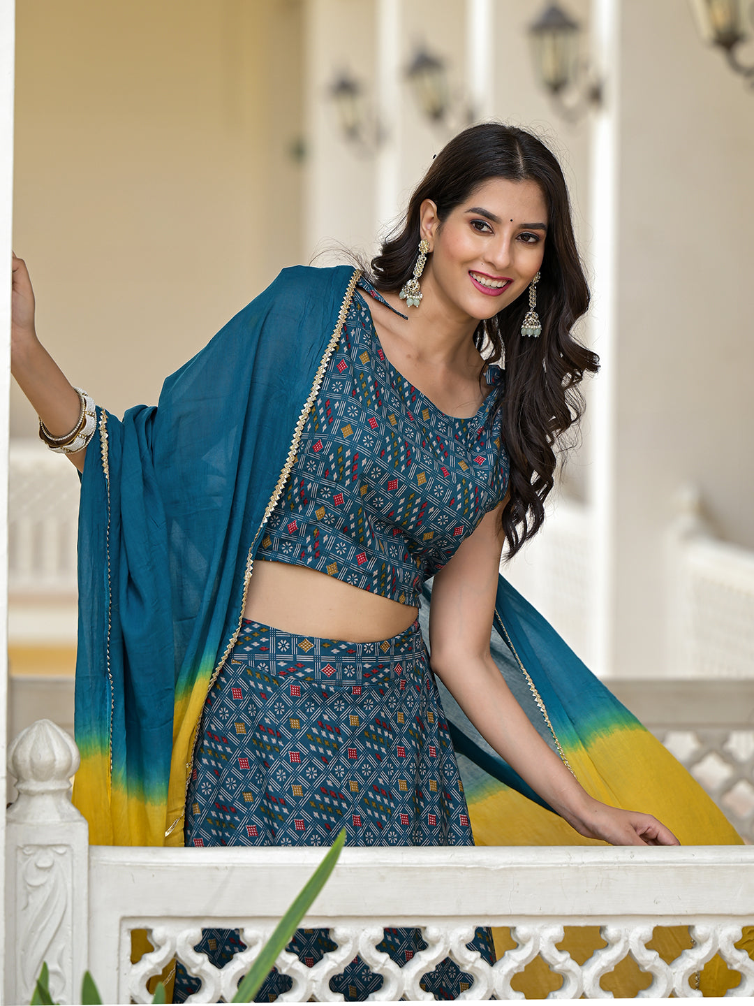 Indigo Lehenga Choli with Multicolor Ruffles