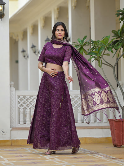 Violet Color Chanderi Lehenga Choli With Gold print