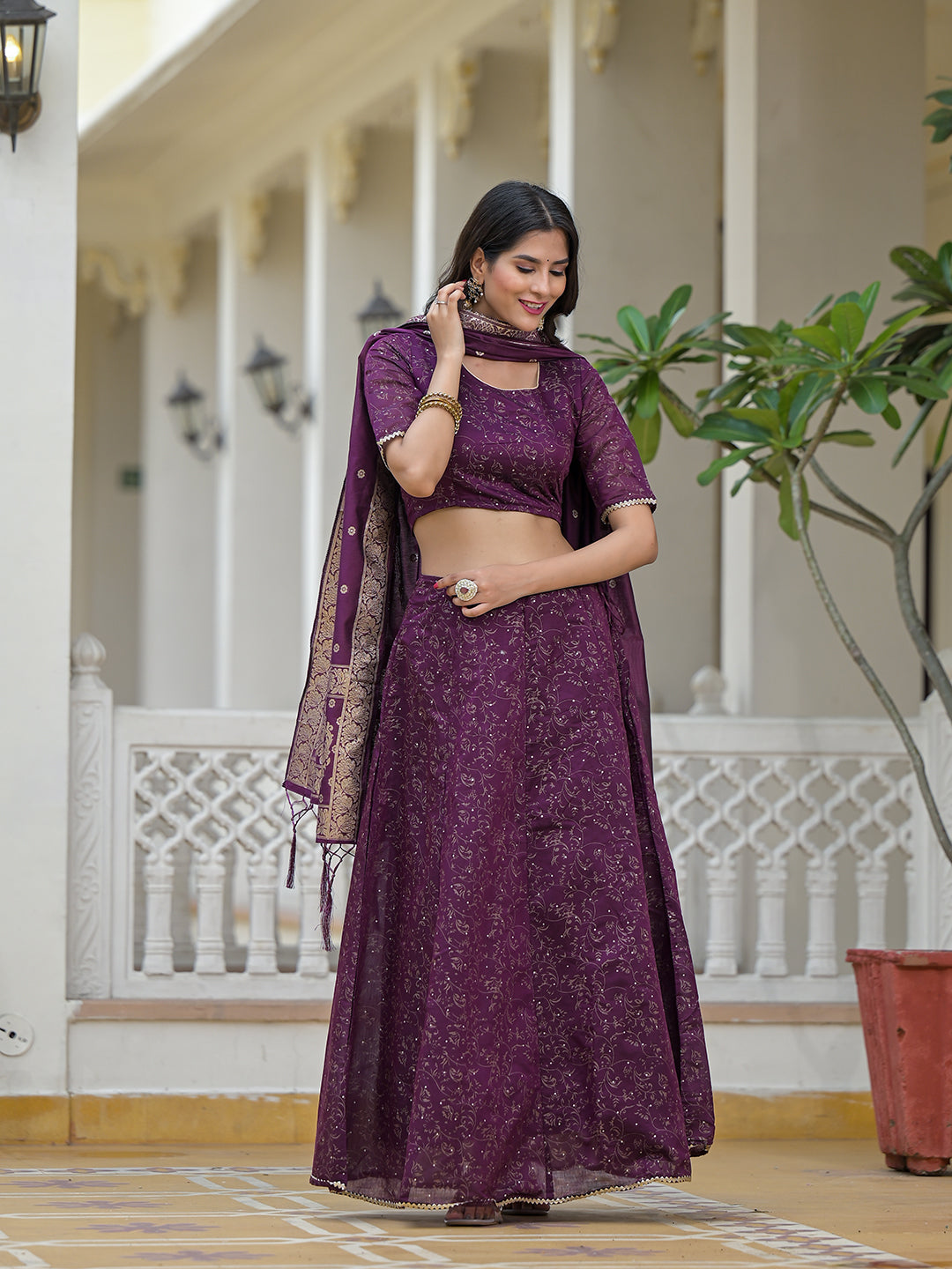 Violet Color Chanderi Lehenga Choli With Gold print