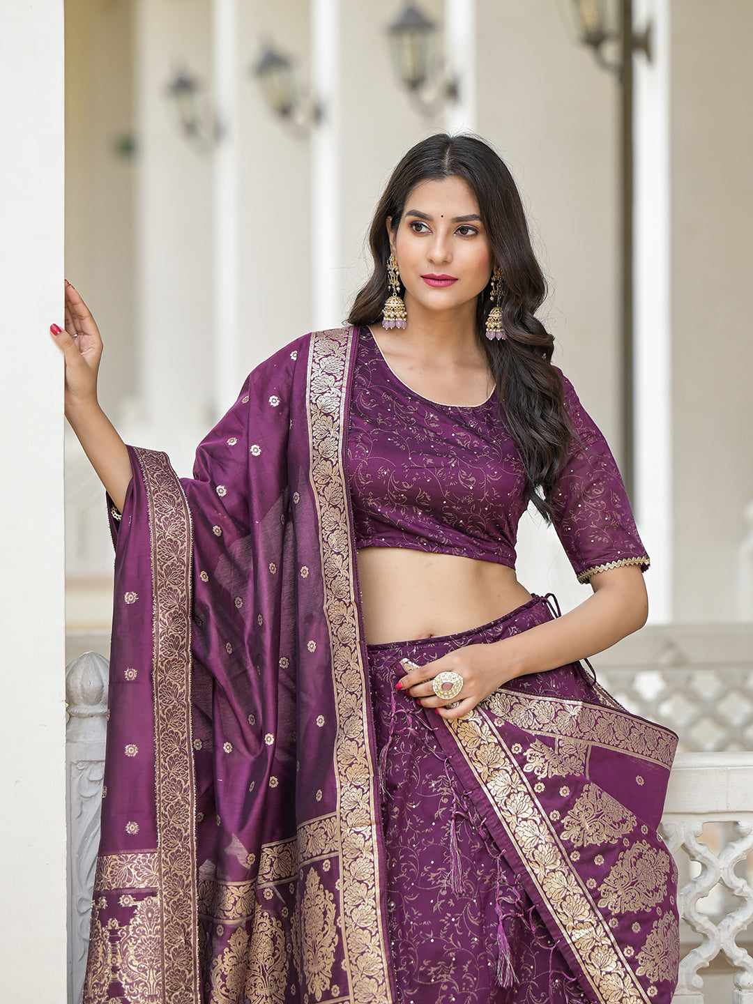 Violet Color Chanderi Lehenga Choli With Gold print