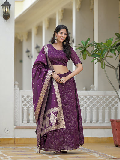 Violet Color Chanderi Lehenga Choli With Gold print