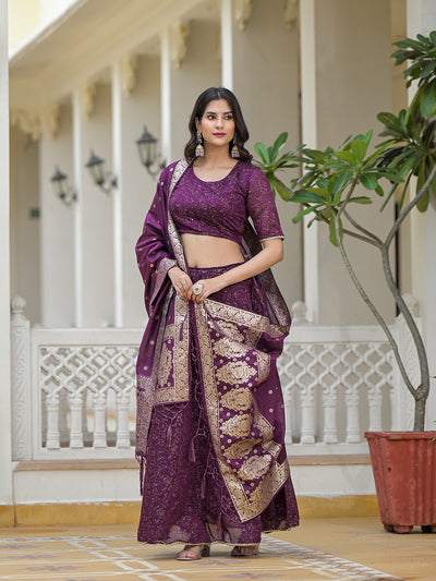 Violet Color Chanderi Lehenga Choli With Gold print