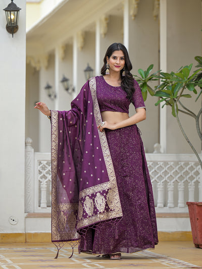 Violet Color Chanderi Lehenga Choli With Gold print