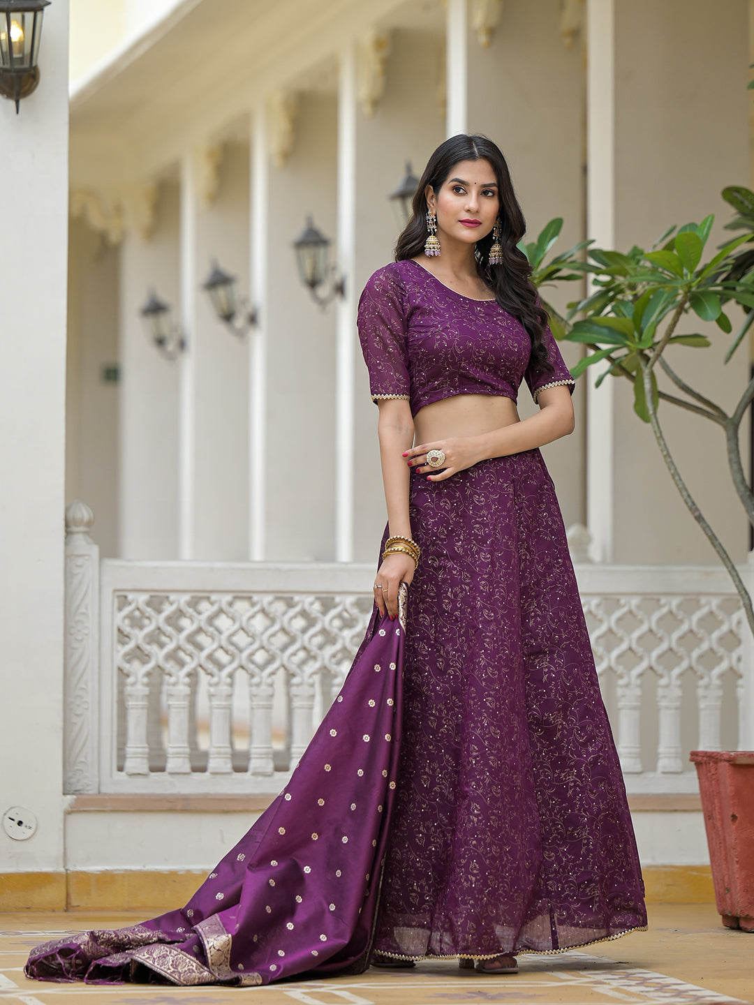 Violet Color Chanderi Lehenga Choli With Gold print