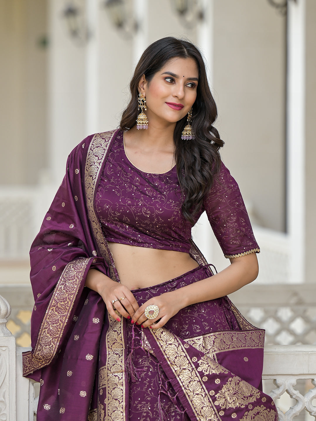 Violet Color Chanderi Lehenga Choli With Gold print