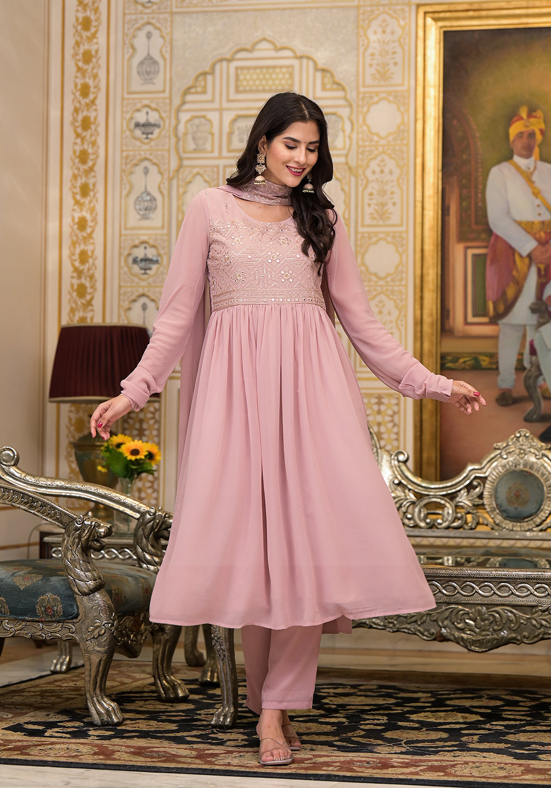 Powder Pink sequinned Nyra Cut Kurta Set