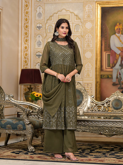 Mehendi green Sequinned Kurta Set with Dupatta