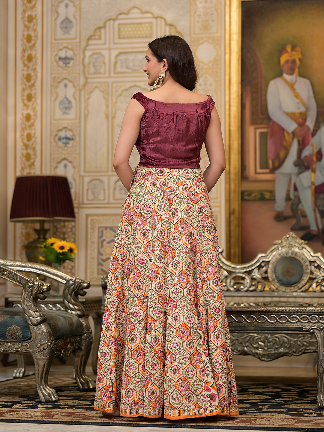 Beige Lehenga Choli with velvet Blouse