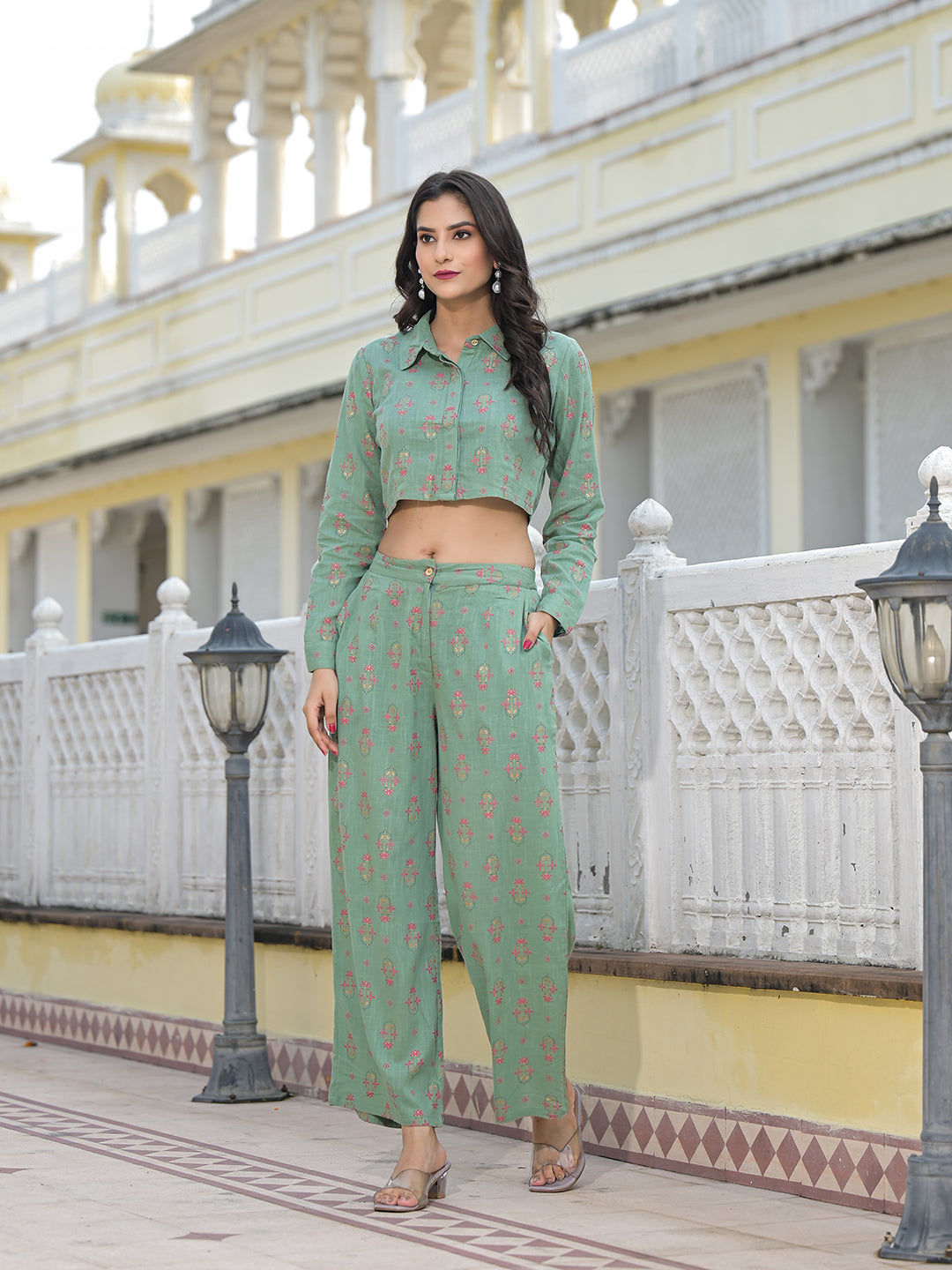 Green Crop Top Palazzo Co-Ord Set