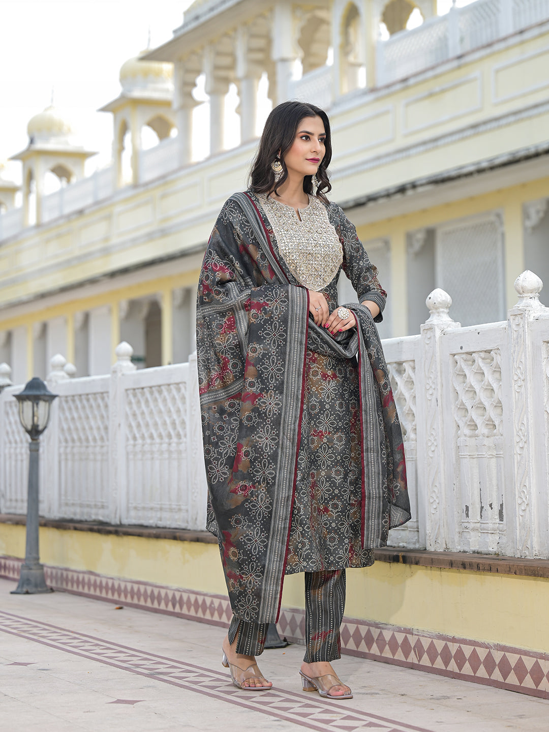 Grey Bandhani Kurta Set with embroidered patch on yoke