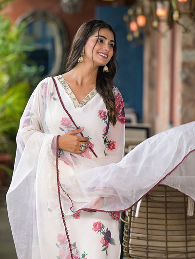 Cream Floral print Kurta Set with Dupatta