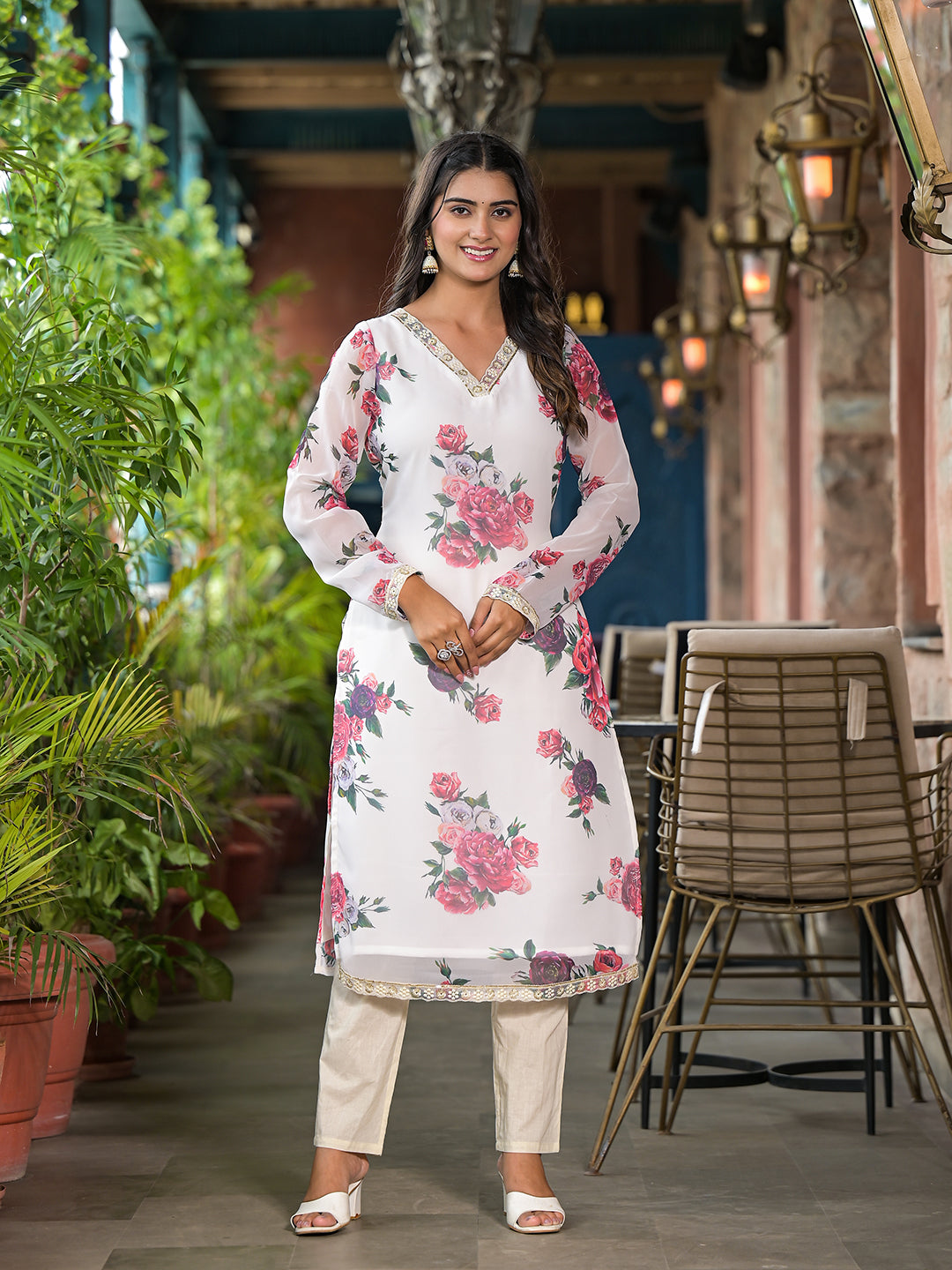 Cream Floral print Kurta Set with Dupatta