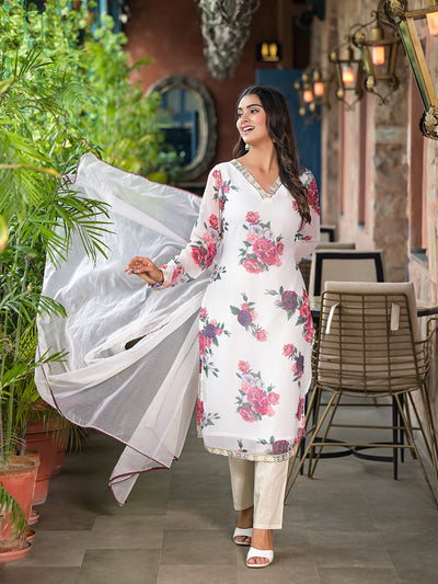 Cream Floral print Kurta Set with Dupatta