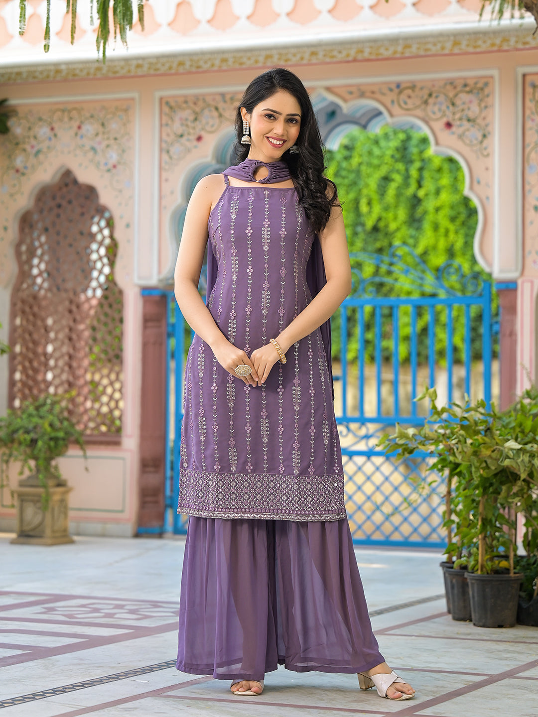 Lavender Sequinned Kurta Sharara Set With Dupatta