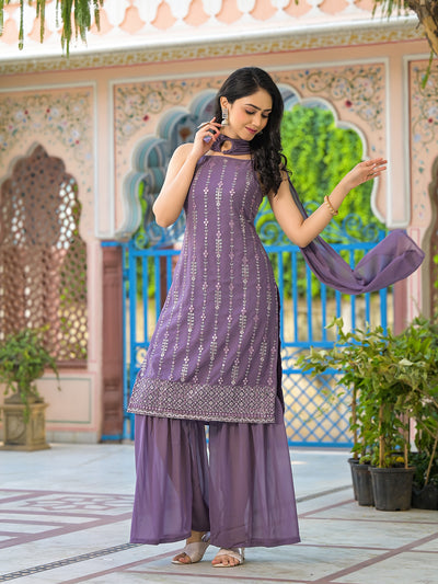 Lavender Sequinned Kurta Sharara Set With Dupatta