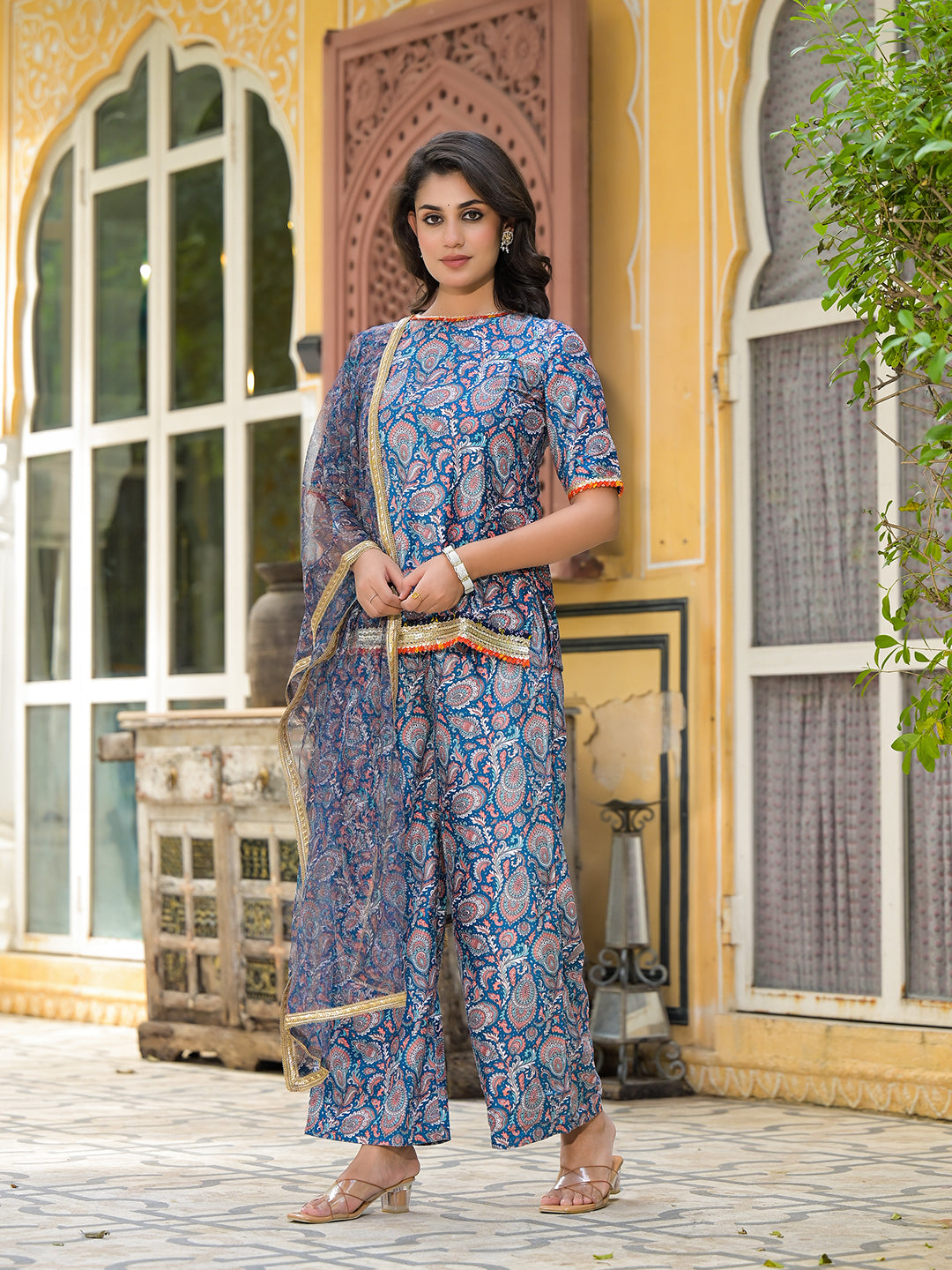 Turquoise Paisley Print Velvet Kurta Set With Digital Print Dupatta