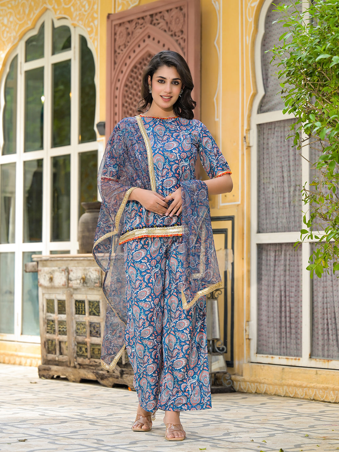 Turquoise Paisley Print Velvet Kurta Set With Digital Print Dupatta