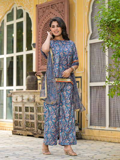 Turquoise Paisley Print Velvet Kurta Set With Digital Print Dupatta