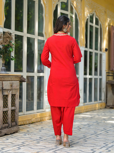 Red Pakistani Cotton Kurta Set With Gota Embroidered Dupatta