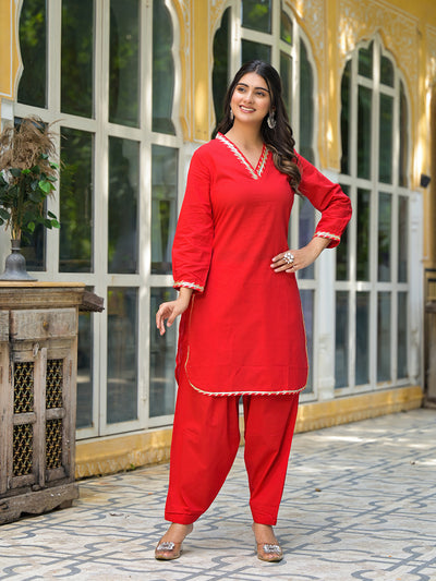 Red Pakistani Cotton Kurta Set With Gota Embroidered Dupatta