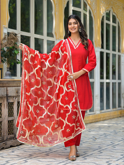 Red Pakistani Cotton Kurta Set With Gota Embroidered Dupatta