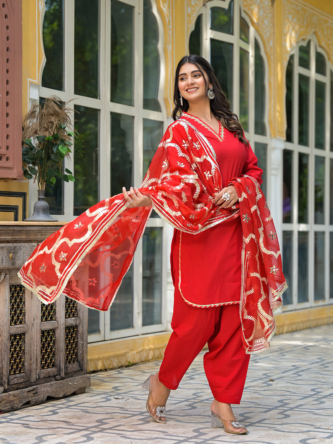 Red Pakistani Cotton Kurta Set With Gota Embroidered Dupatta