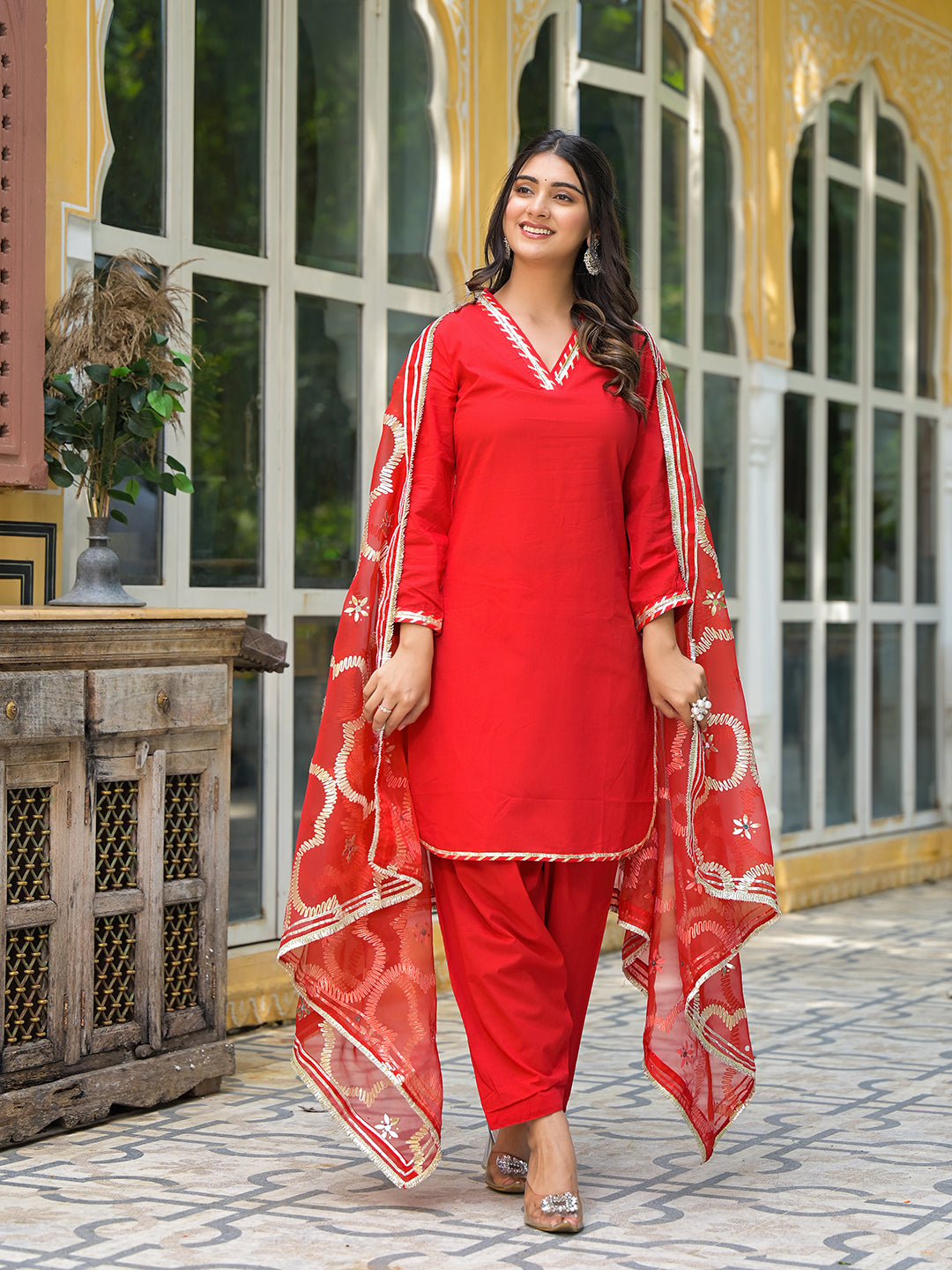 Red Pakistani Cotton Kurta Set With Gota Embroidered Dupatta