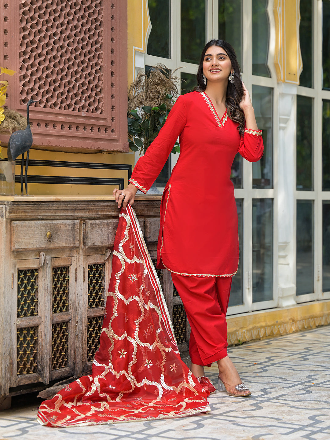 Red Pakistani Cotton Kurta Set With Gota Embroidered Dupatta