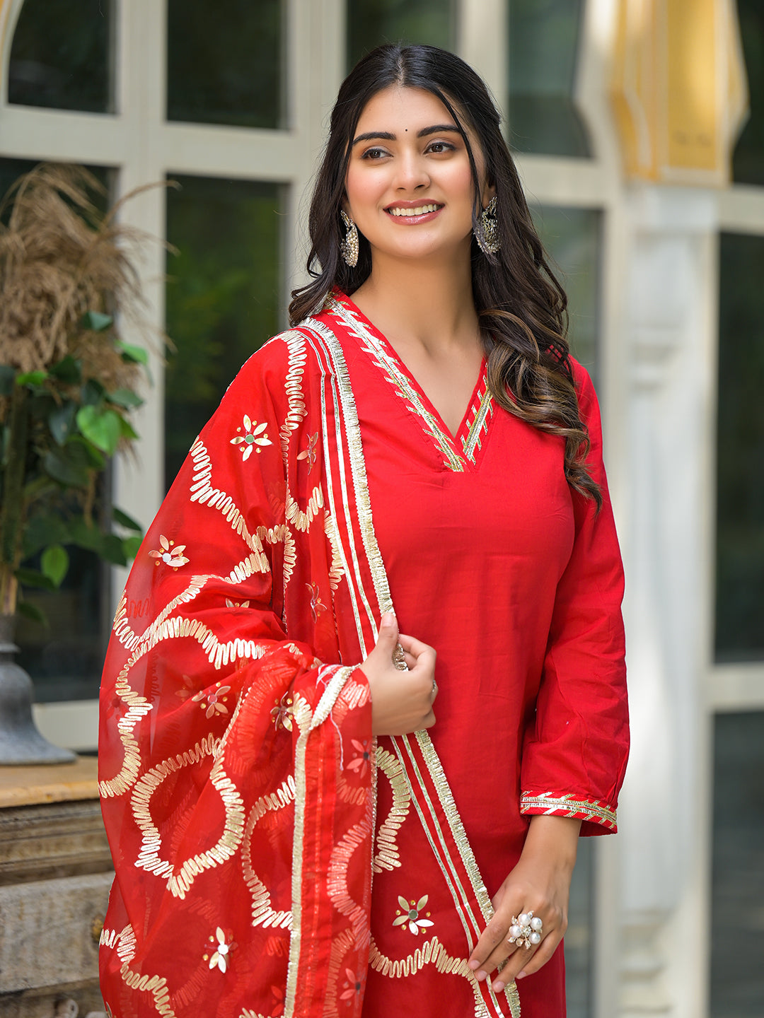 Red Pakistani Cotton Kurta Set With Gota Embroidered Dupatta