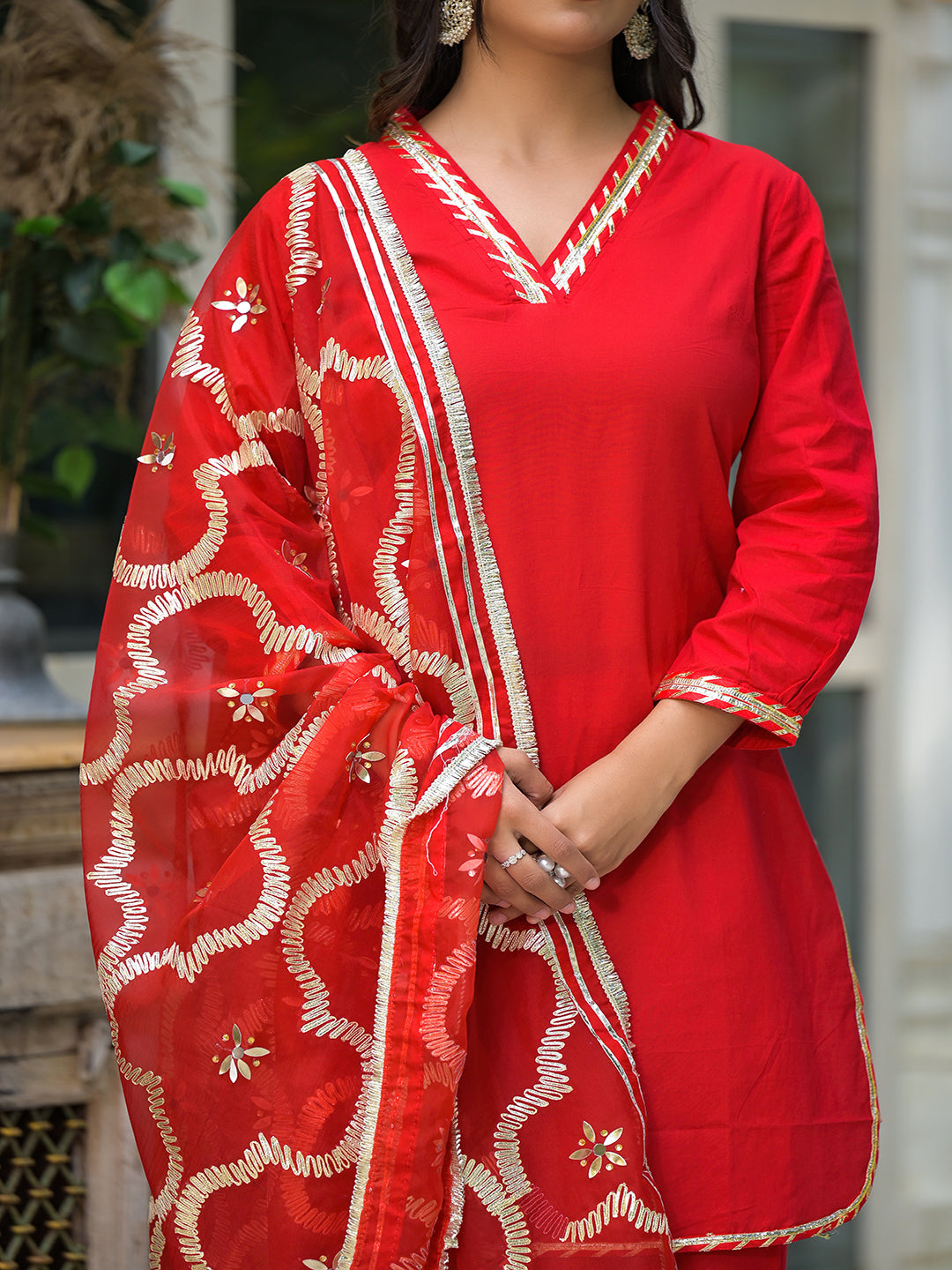 Red Pakistani Cotton Kurta Set With Gota Embroidered Dupatta