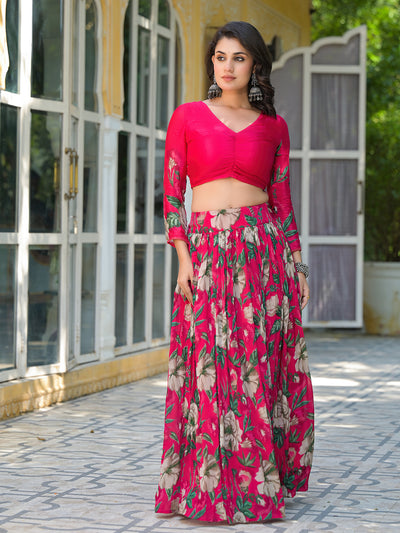 Magenta Floral Print Chinnon Lehenga Choli