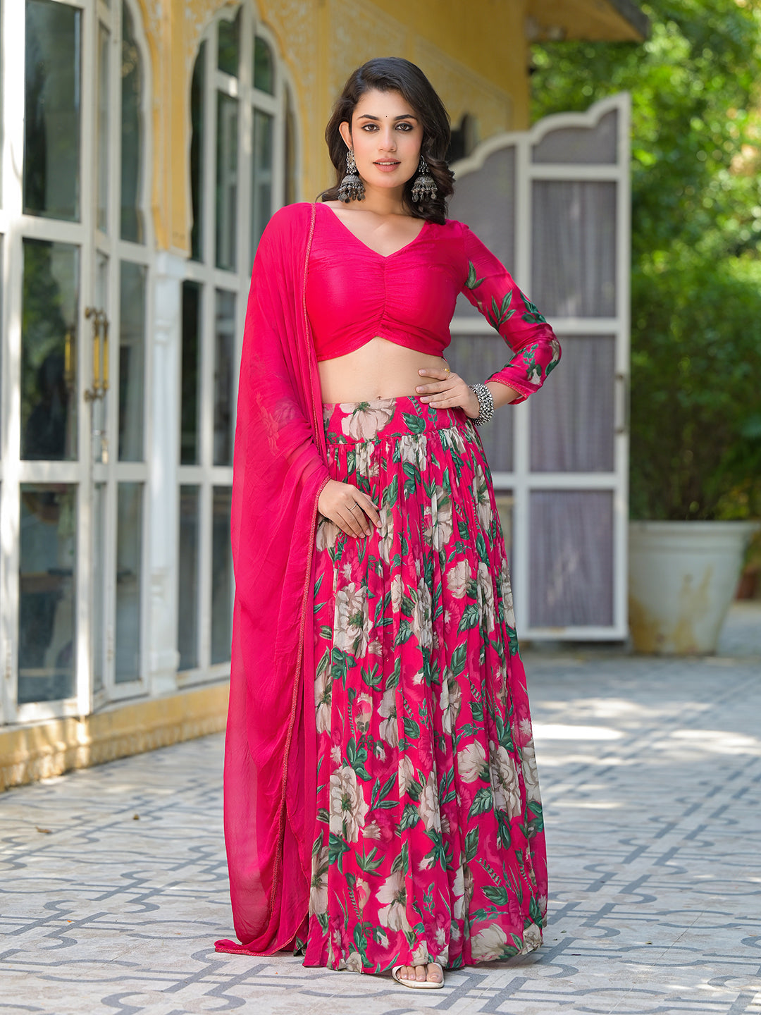 Magenta Floral Print Chinnon Lehenga Choli