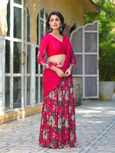 Magenta Floral Print Chinnon Lehenga Choli