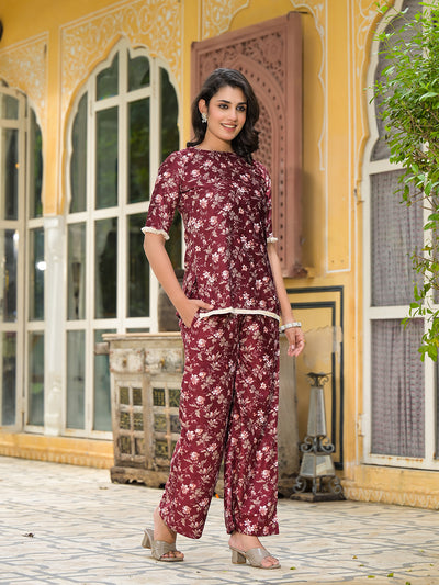 Maroon Floral Print Velvet Kurta Set With Digital Print Dupatta