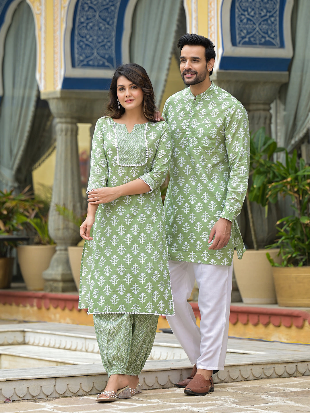 Pastel Green Floral Print Couple Combo