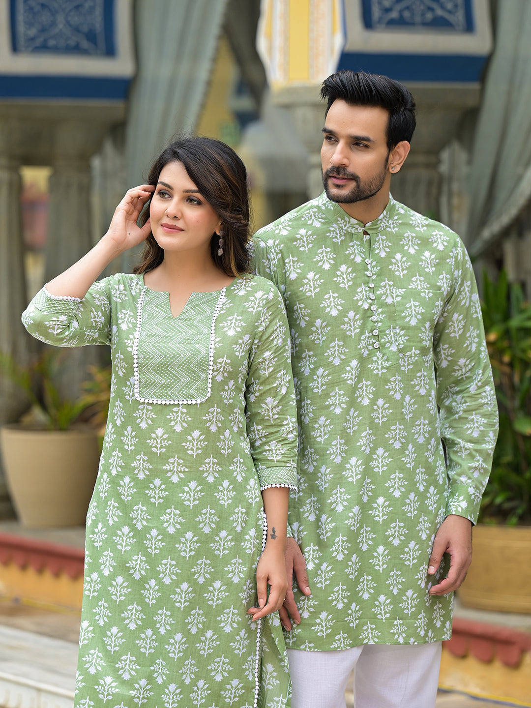 Pastel Green Floral Print Couple Combo