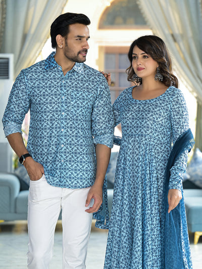 Icy Blue Mughal Print Couple combo Set