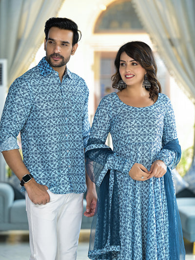 Icy Blue Mughal Print Couple combo Set