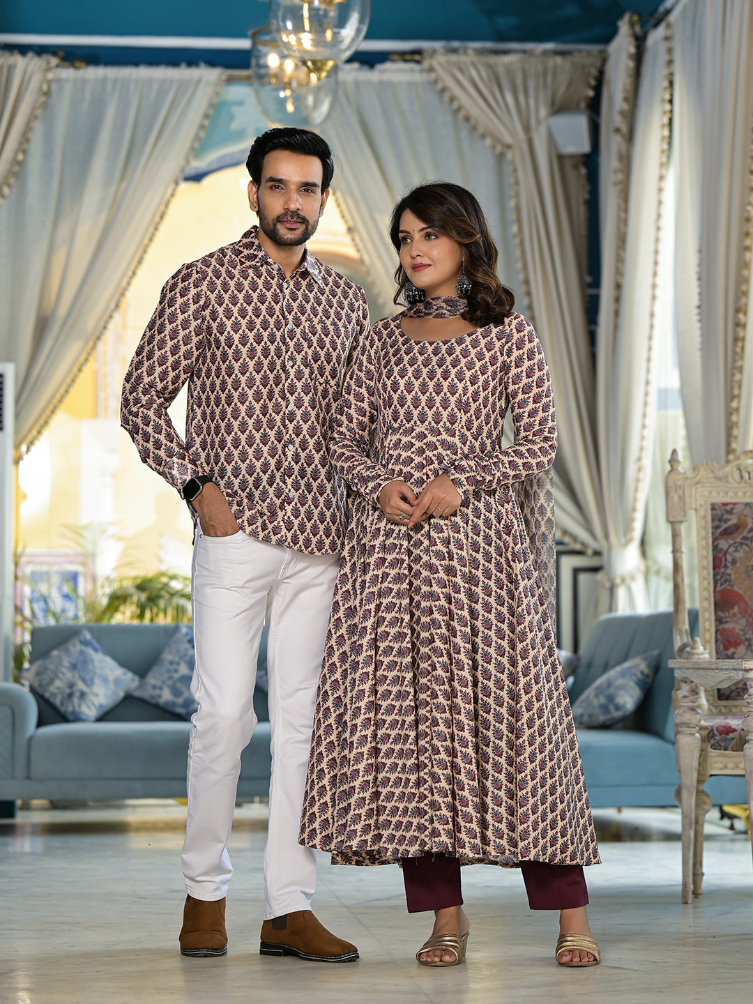 Beige Mughal Print Couple combo Set