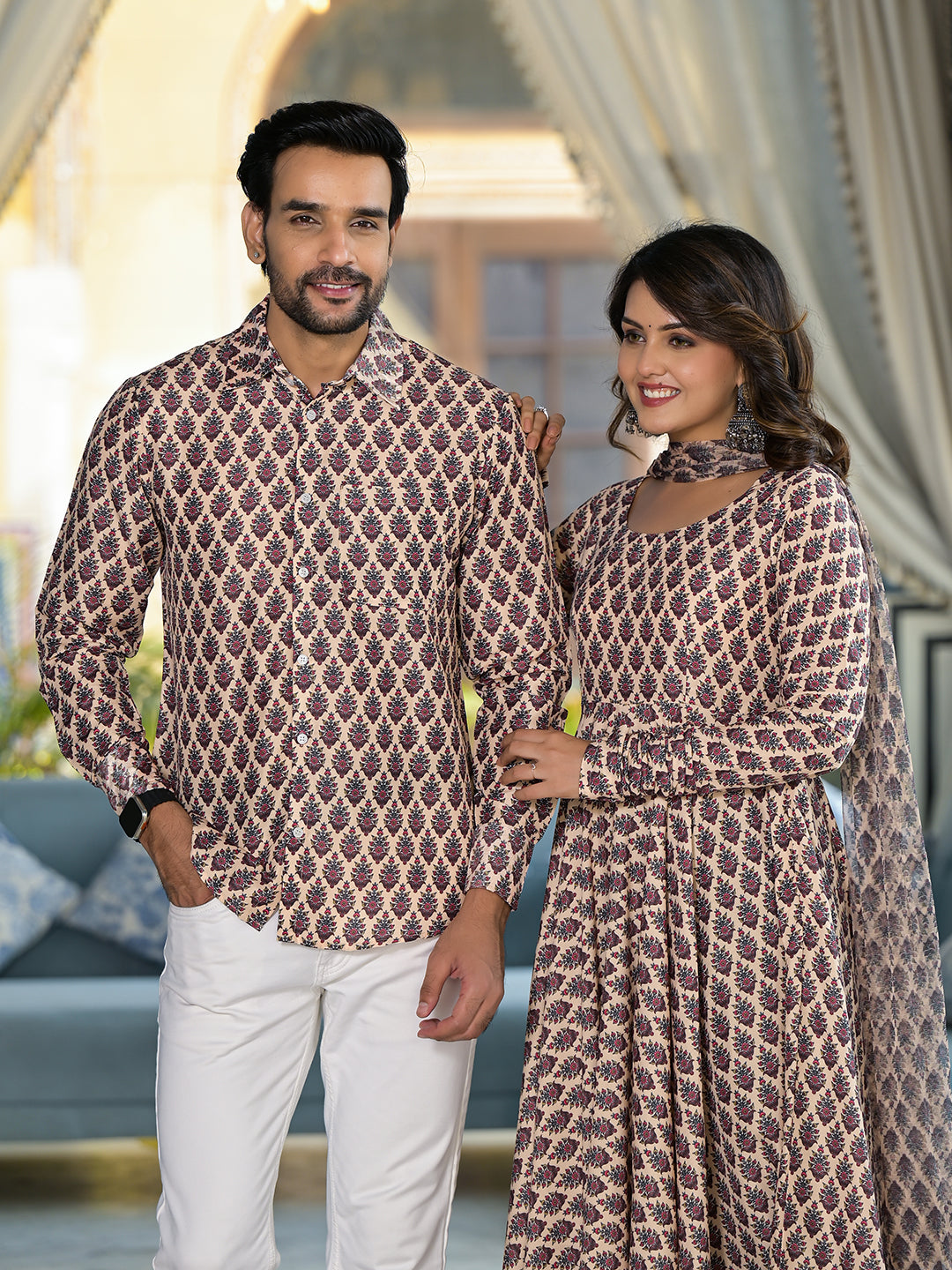 Beige Mughal Print Couple combo Set