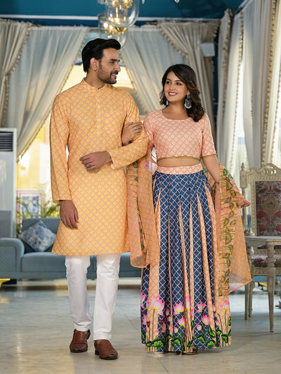 Yellow & Blue Pichwai Print Couple Combo Set