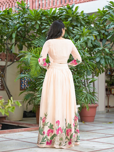 Peach Floral Print Lehenga Choli With Dupatta