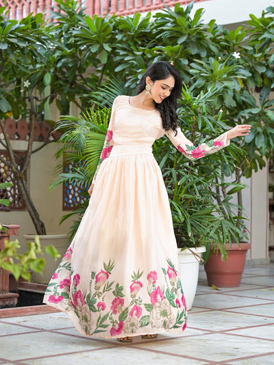 Peach Floral Print Lehenga Choli With Dupatta